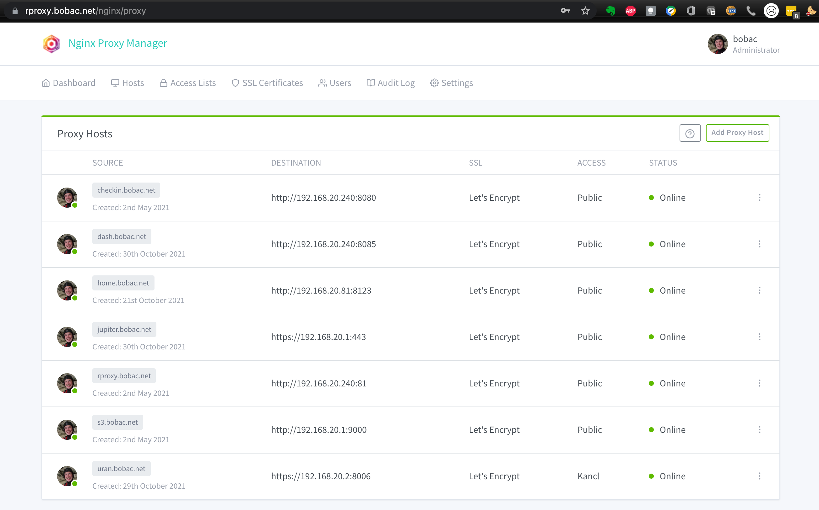 Screenshot z Nginx Proxy Manageru